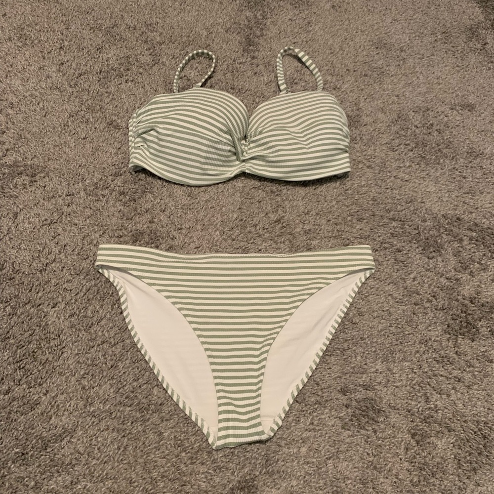 H&M Green and White Striped Bikini Set